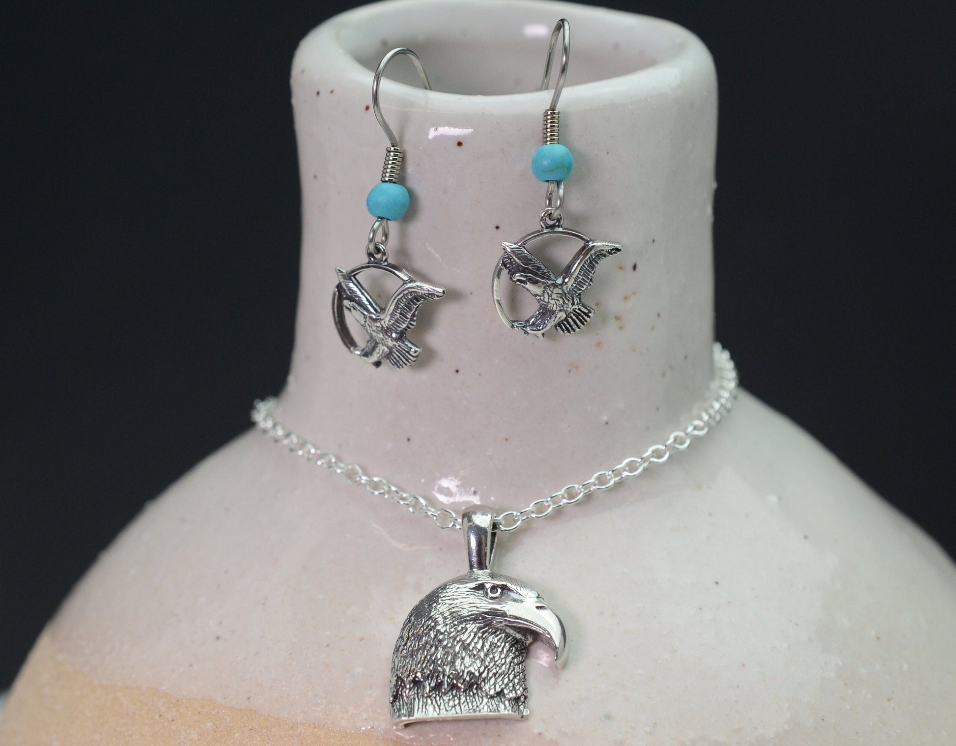 Eagle Earrings and Pendant in Sterling Silver with Turquoise Accents Set – Lakota Legacy Line