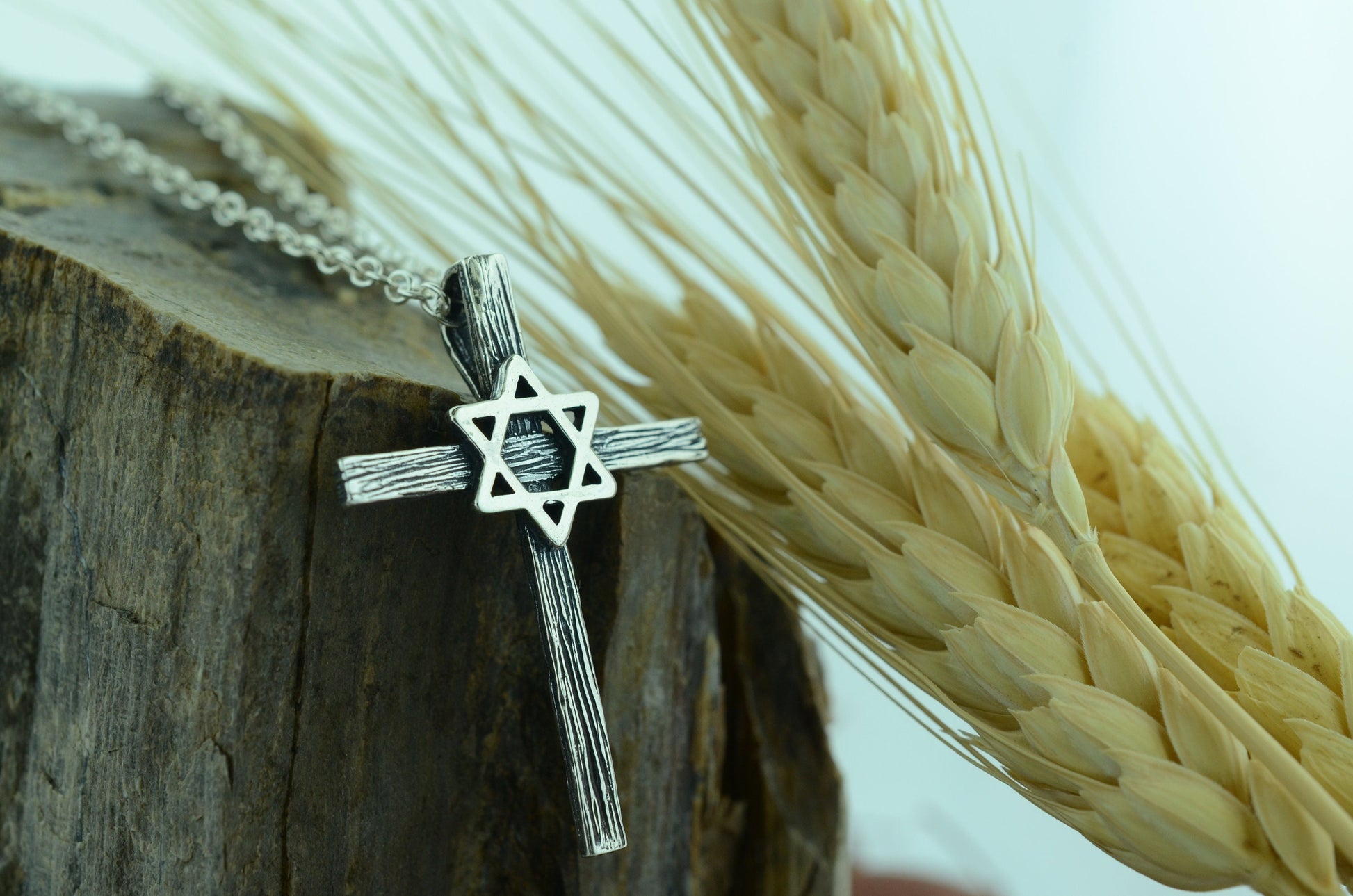 Wood Textured Star of David Wooden Cross Pendant in Sterling Silver – Identity Series
