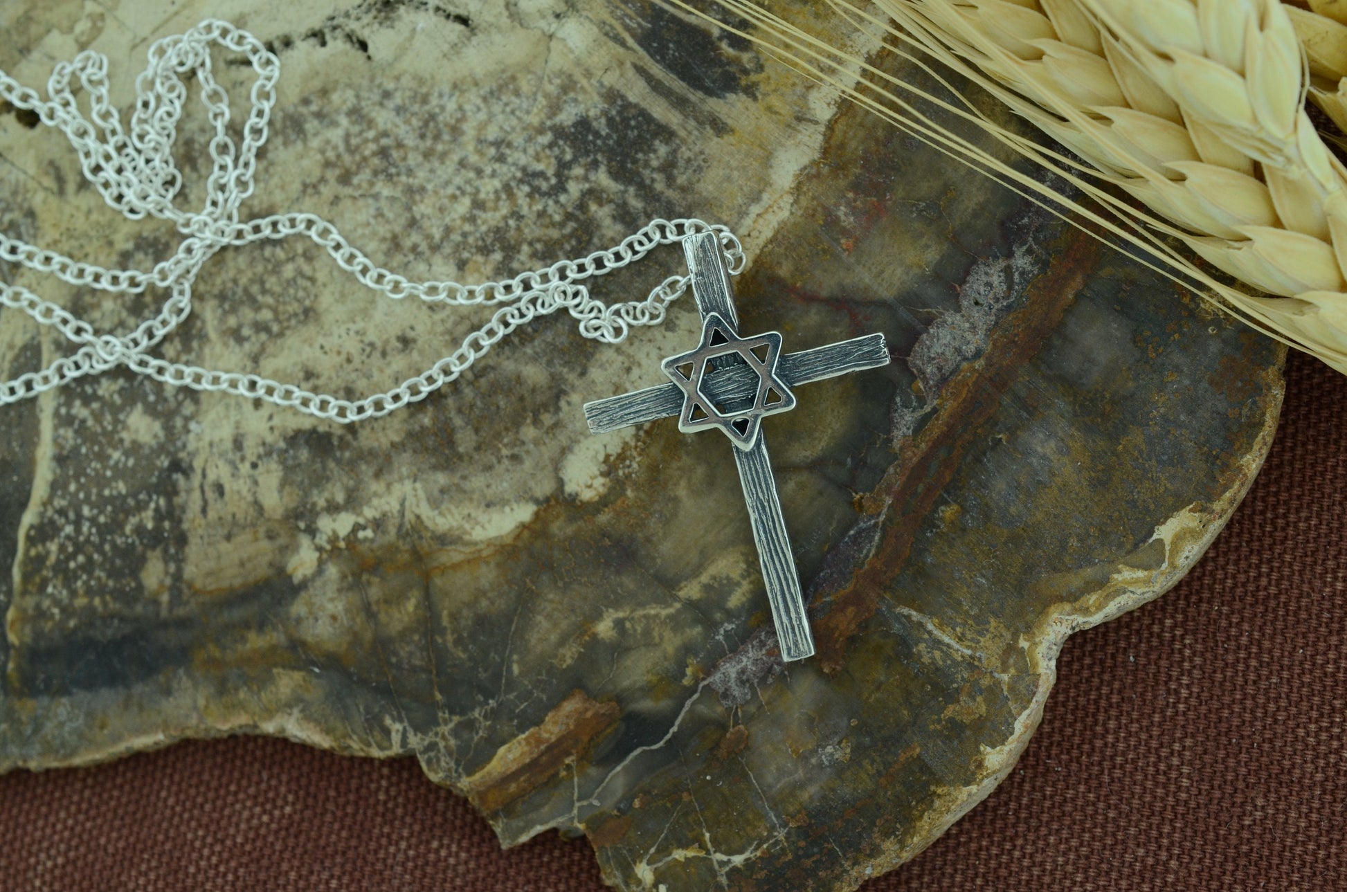 Wood Textured Star of David Wooden Cross Pendant in Sterling Silver – Identity Series