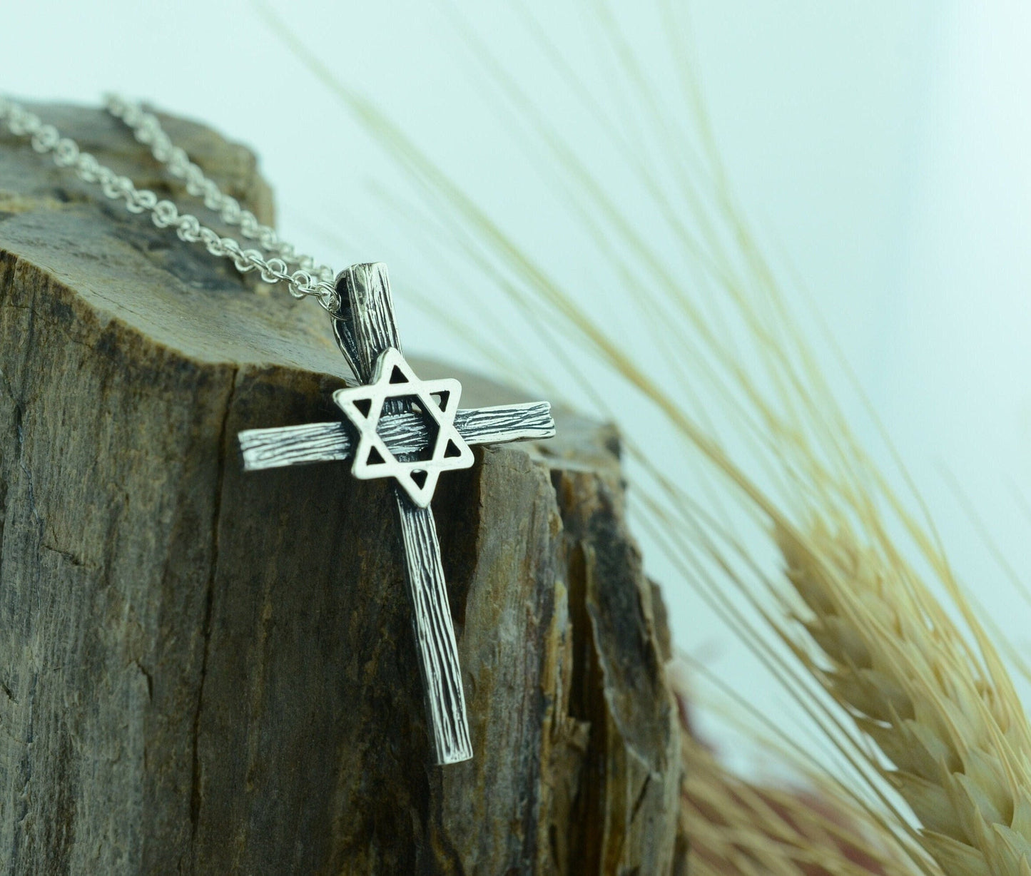 Wood Textured Star of David Wooden Cross Pendant in Sterling Silver – Identity Series