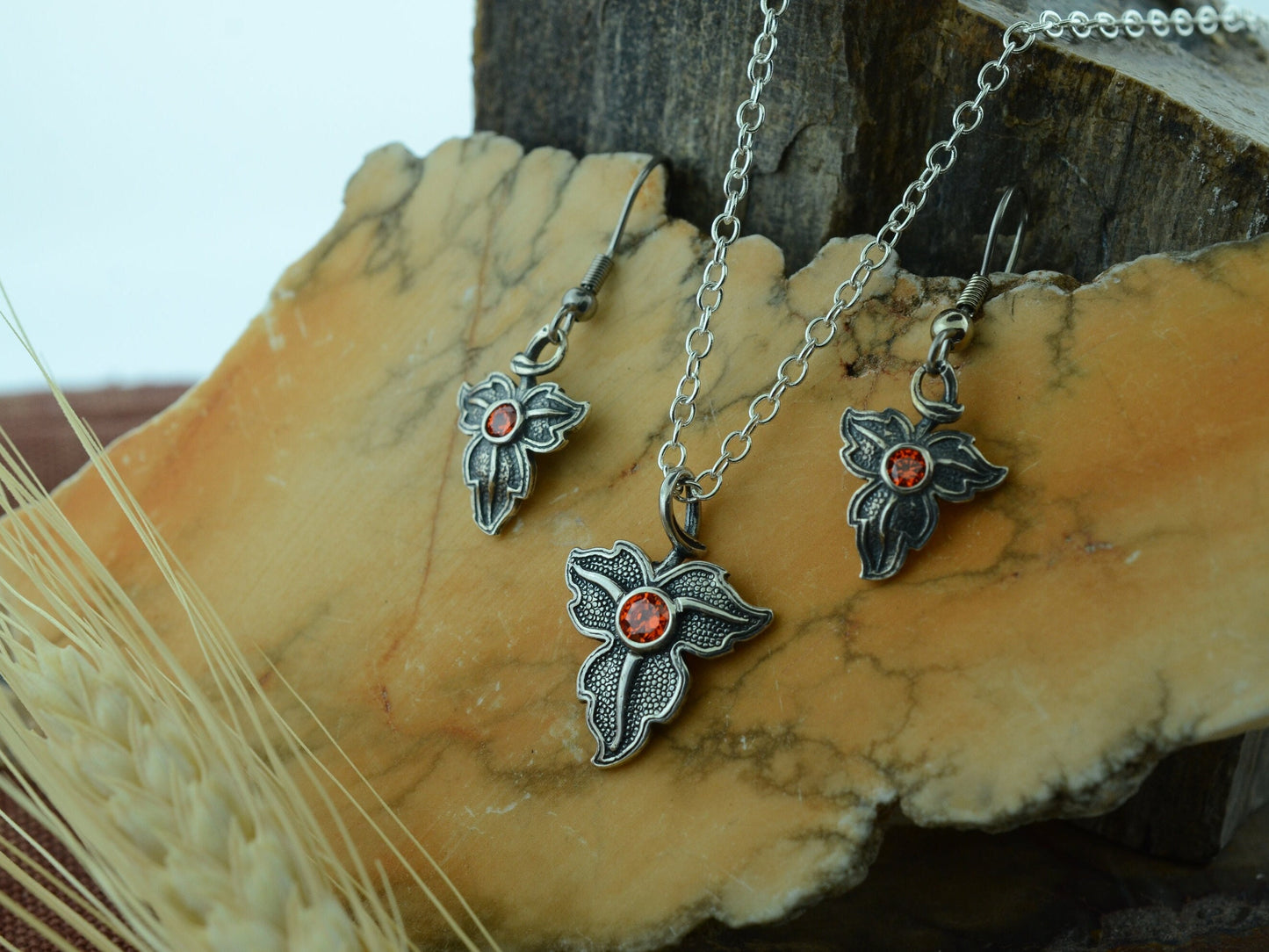 Oak Leaf Pendant and Earrings in Sterling Silver with Orange Cubic Zirconia Set