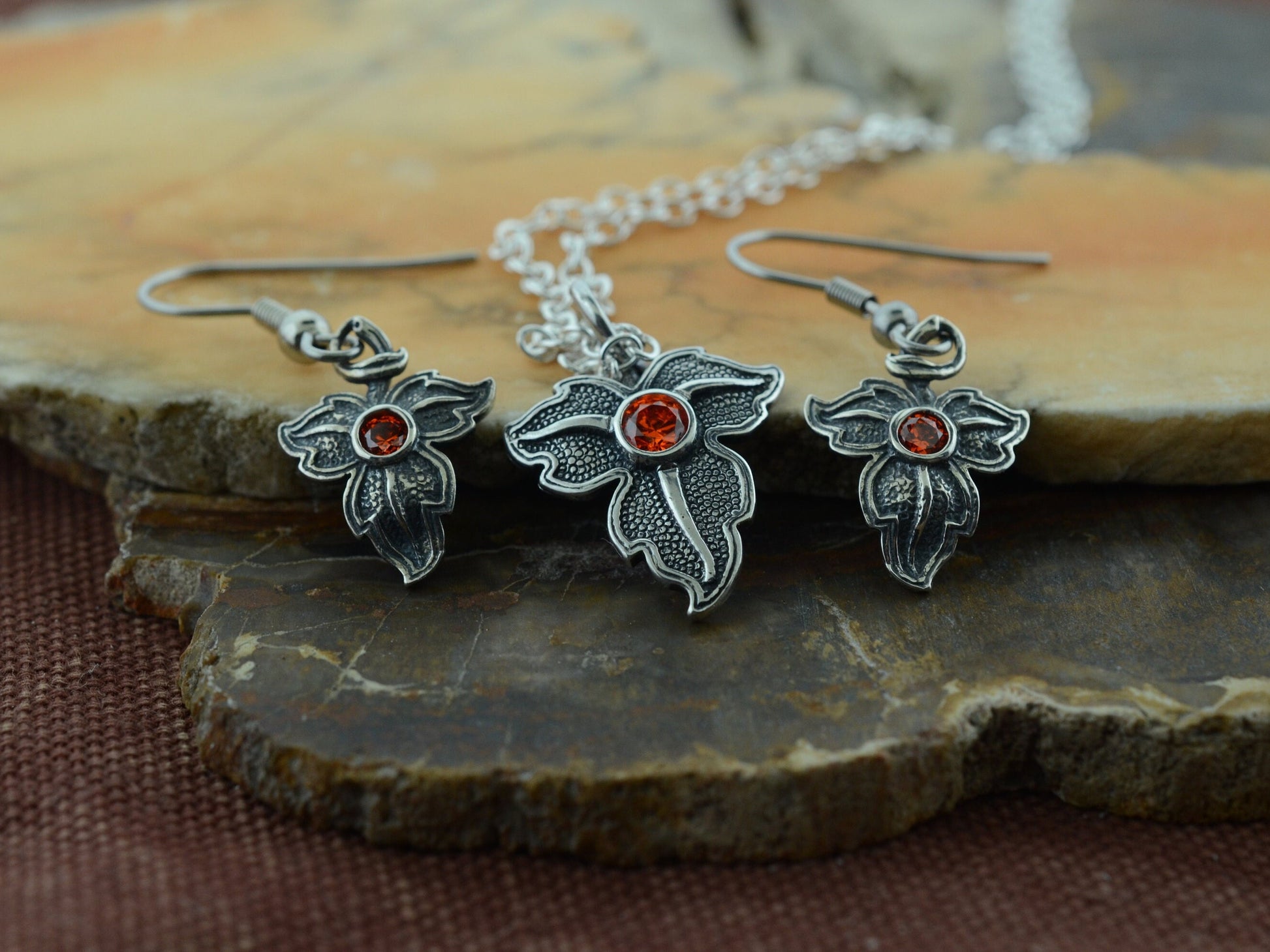 Oak Leaf Pendant and Earrings in Sterling Silver with Orange Cubic Zirconia Set
