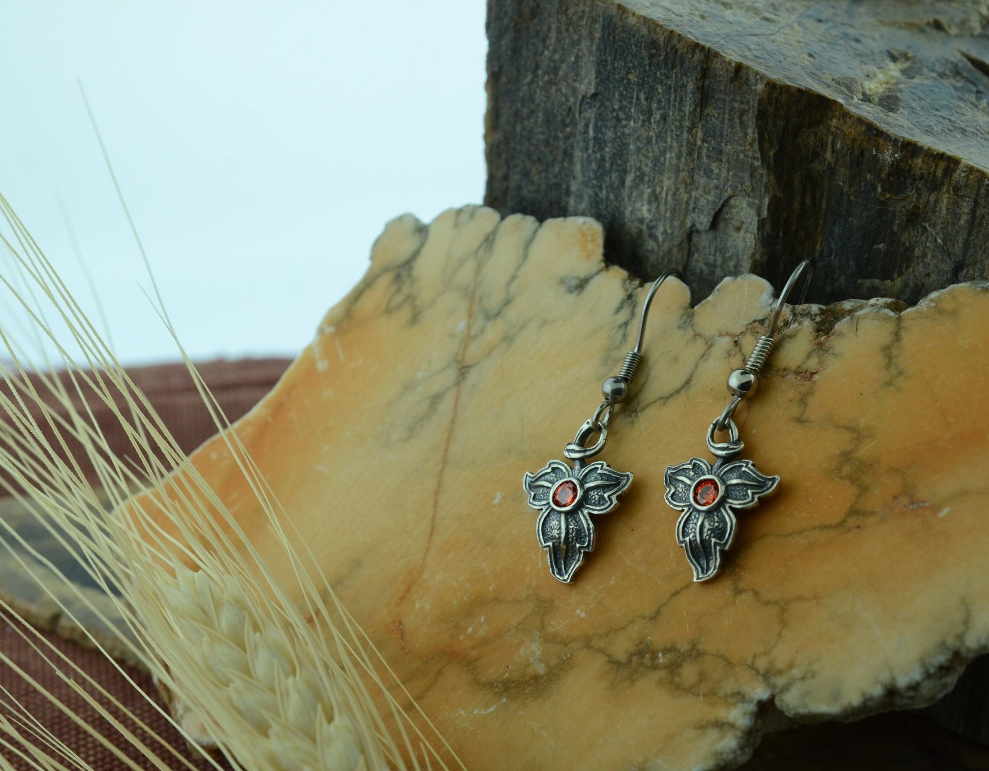 Oak Leaf Pendant and Earrings in Sterling Silver with Orange Cubic Zirconia Set