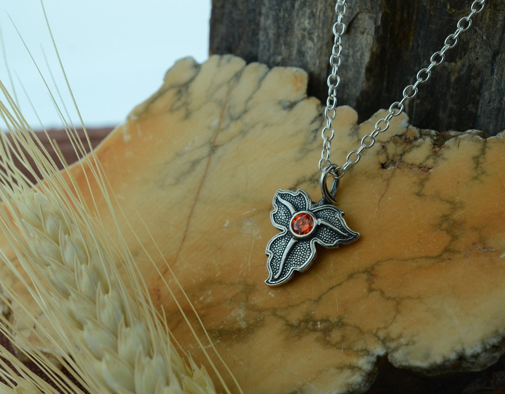 Oak Leaf Pendant and Earrings in Sterling Silver with Orange Cubic Zirconia Set