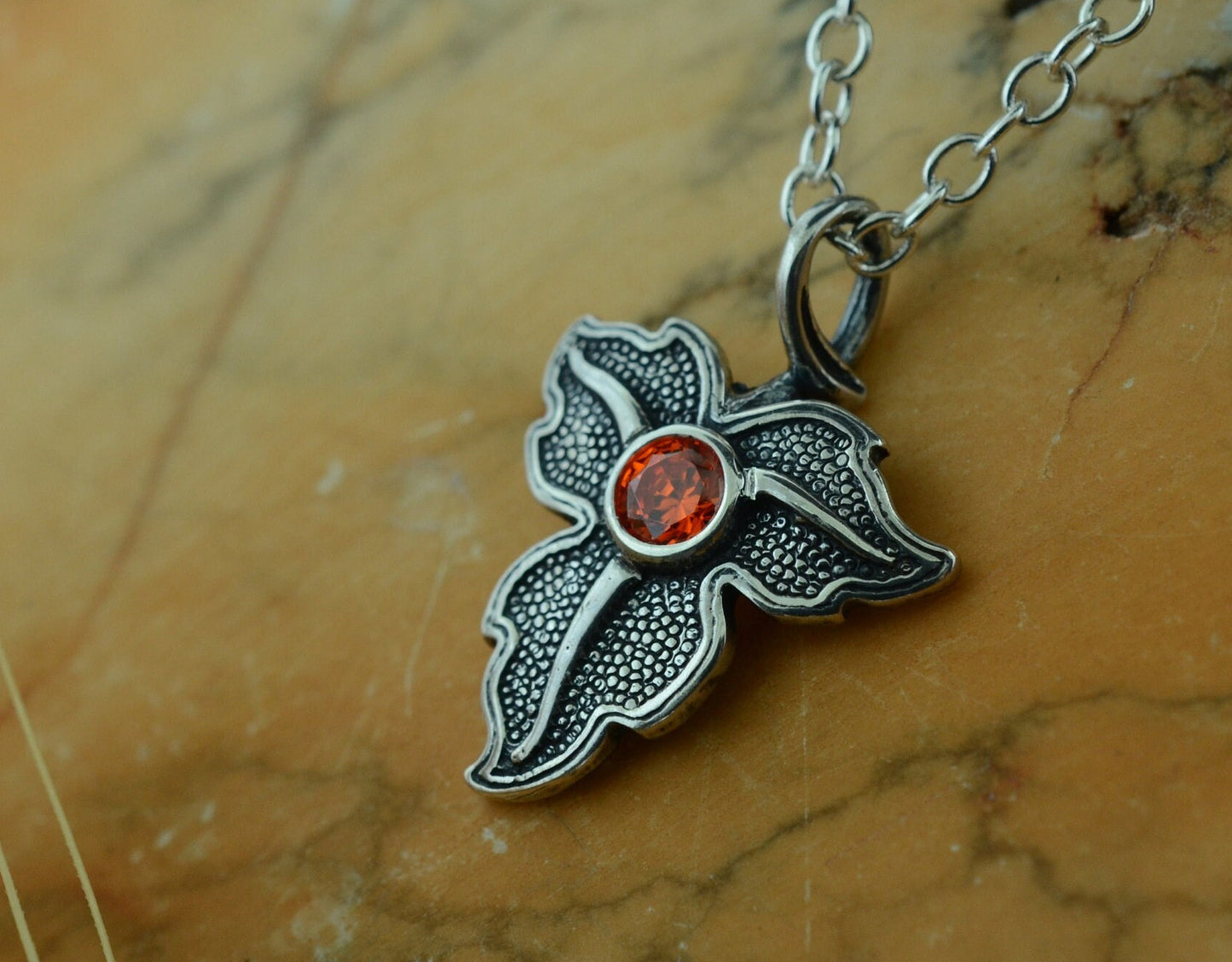 Oak Leaf Pendant and Earrings in Sterling Silver with Orange Cubic Zirconia Set