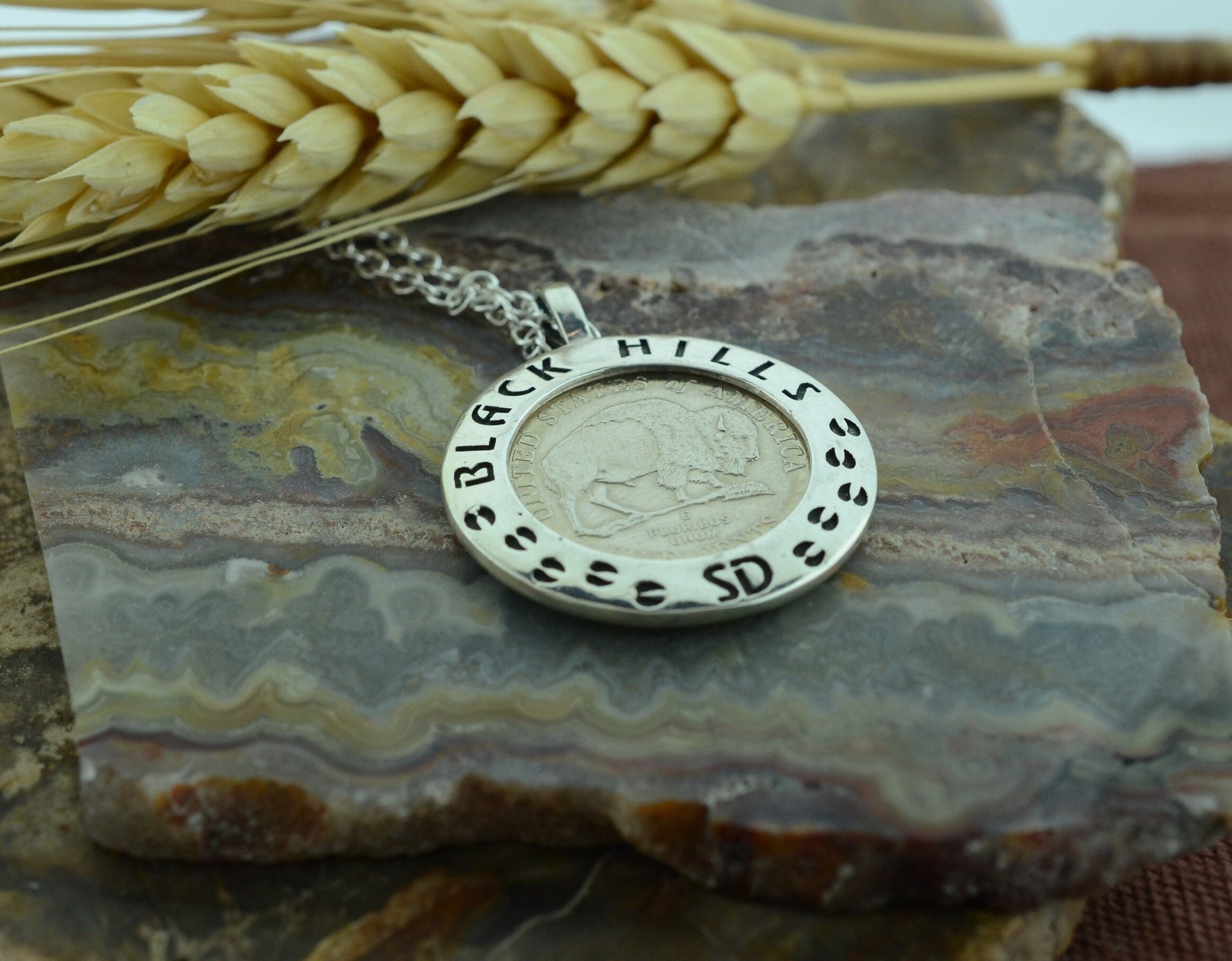 Black Hills Buffalo Nickel Pendant with Sterling Silver Border