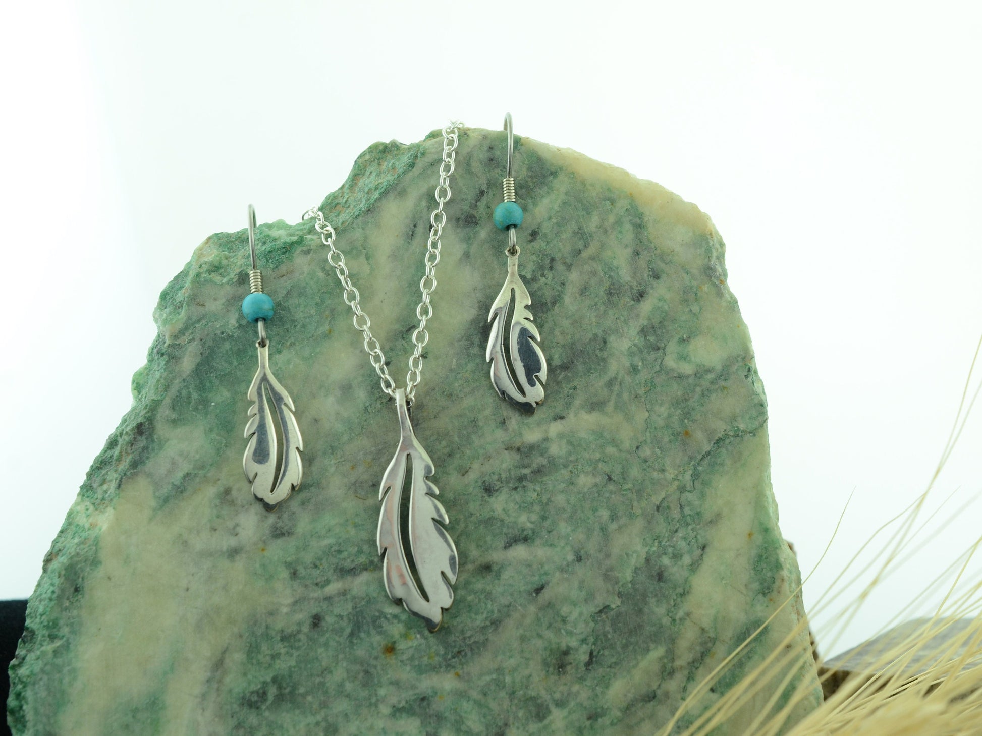 Open Feather Pendant and Earrings in Sterling Silver with Turquoise Accent Bead Set – Lakota Legacy Line