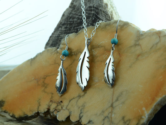 Open Feather Pendant and Earrings in Sterling Silver with Turquoise Accent Bead Set – Lakota Legacy Line