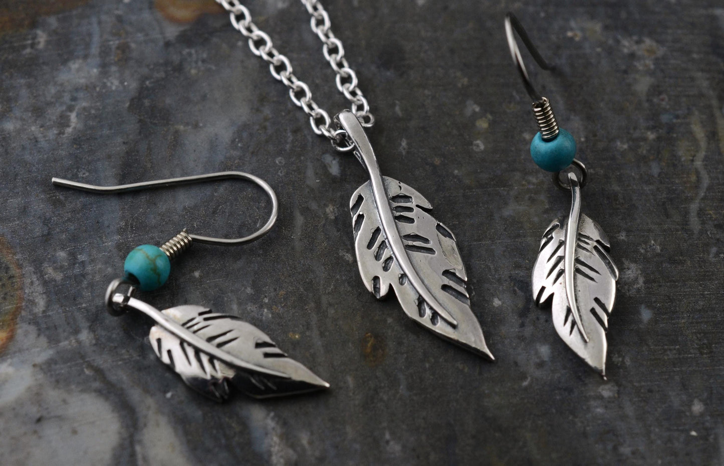 Minimalist Feather Pendant and Earrings in Sterling Silver with Turquoise Accents Set – Lakota Legacy Line