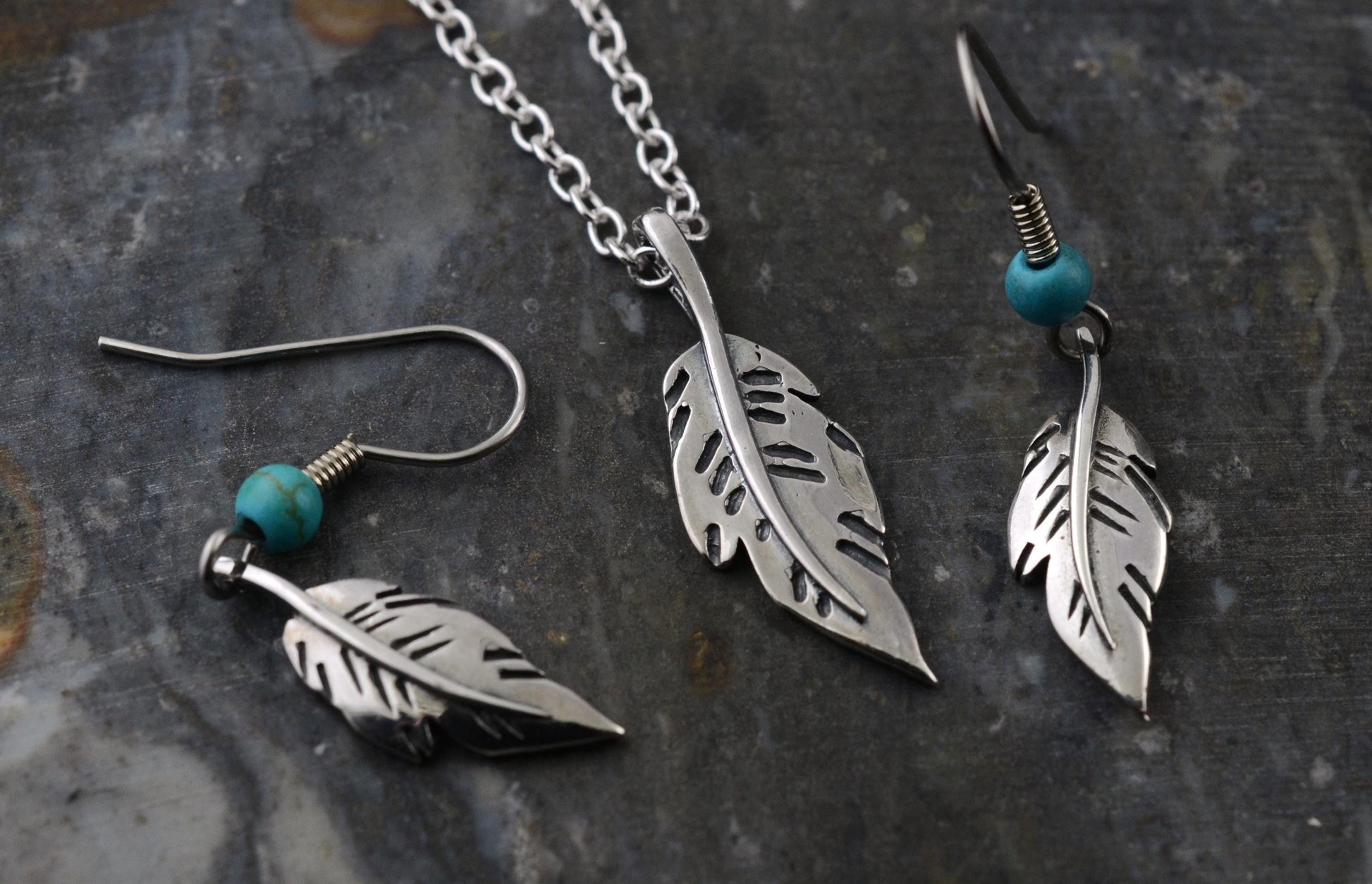 Minimalist Feather Pendant and Earrings in Sterling Silver with Turquoise Accents Set – Lakota Legacy Line