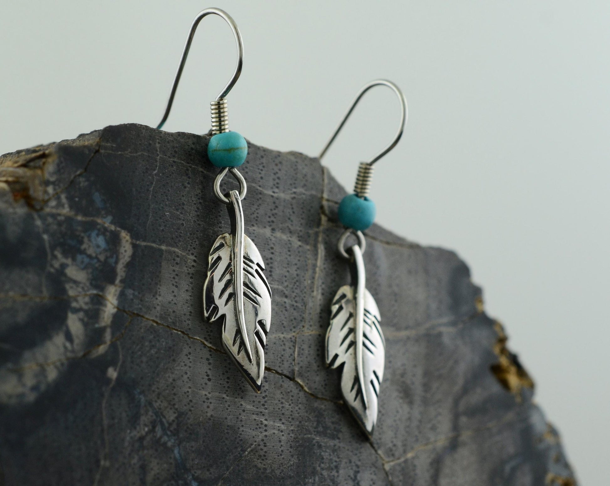 Minimalist Feather Earrings in Sterling Silver with Turquoise Accents – Lakota Legacy Line