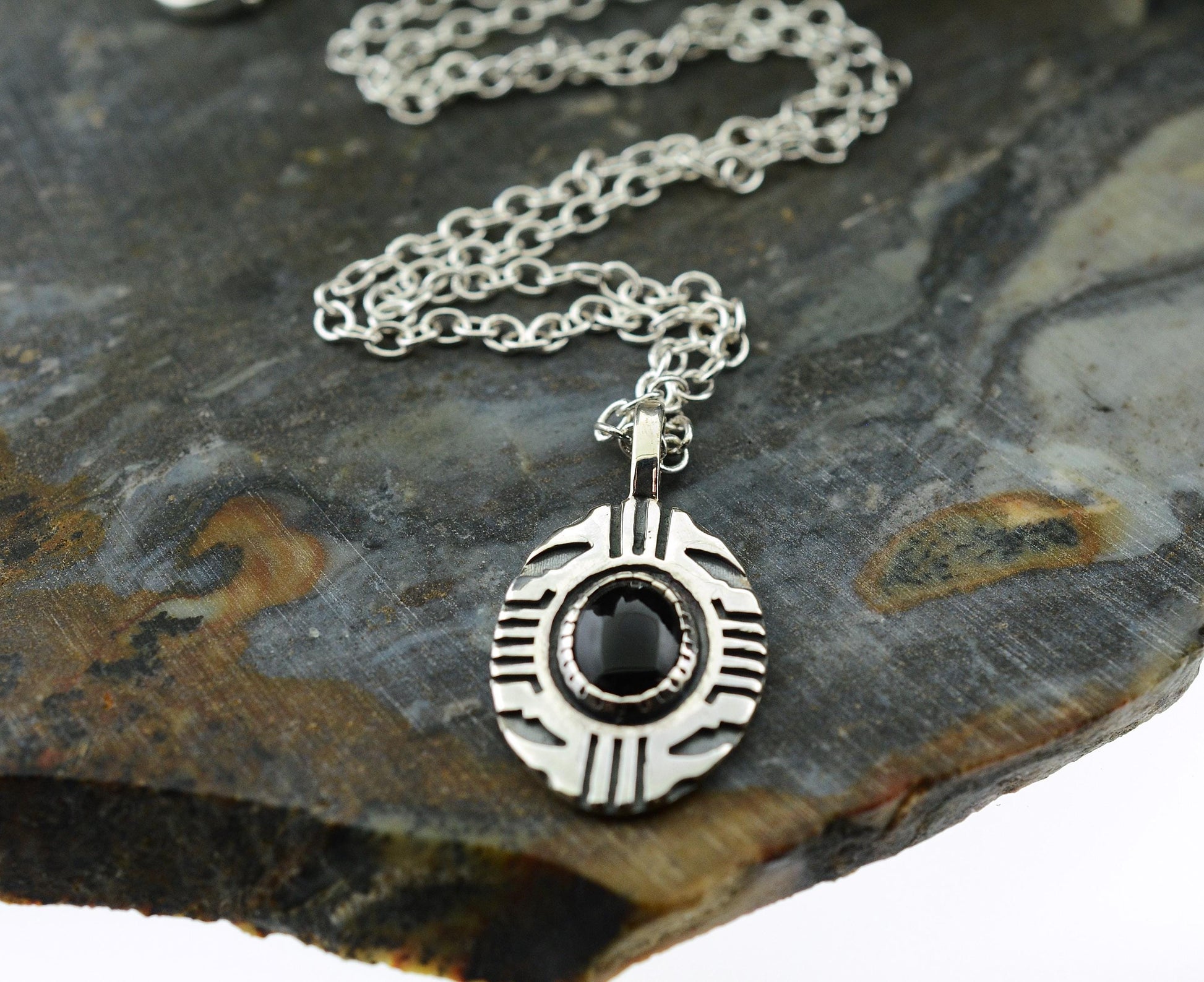 Aztec Inspired Tribal Shield Pendant in Sterling Silver with Black Onyx – Lakota Legacy Line