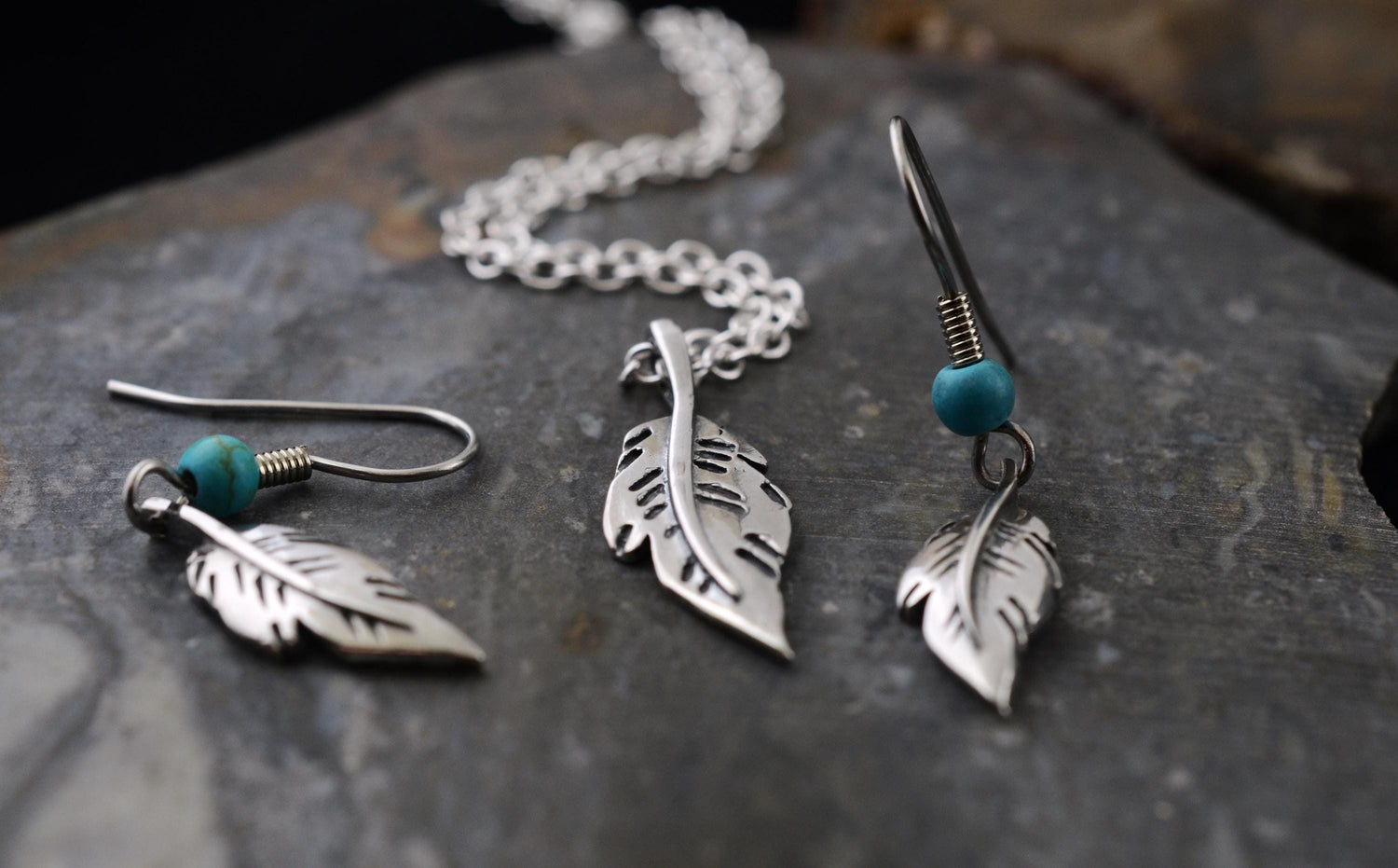 Minimalist Feather Pendant and Earrings in Sterling Silver with Turquoise Accents Set – Lakota Legacy Line