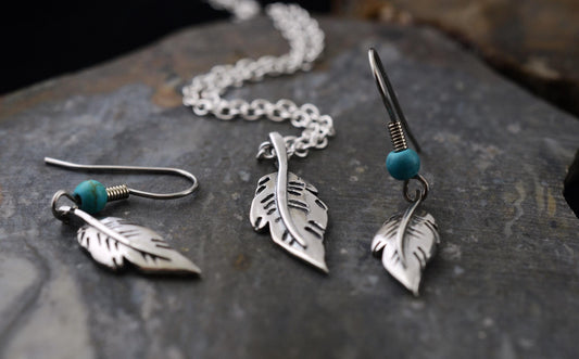 Minimalist Feather Pendant and Earrings in Sterling Silver with Turquoise Accents Set – Lakota Legacy Line