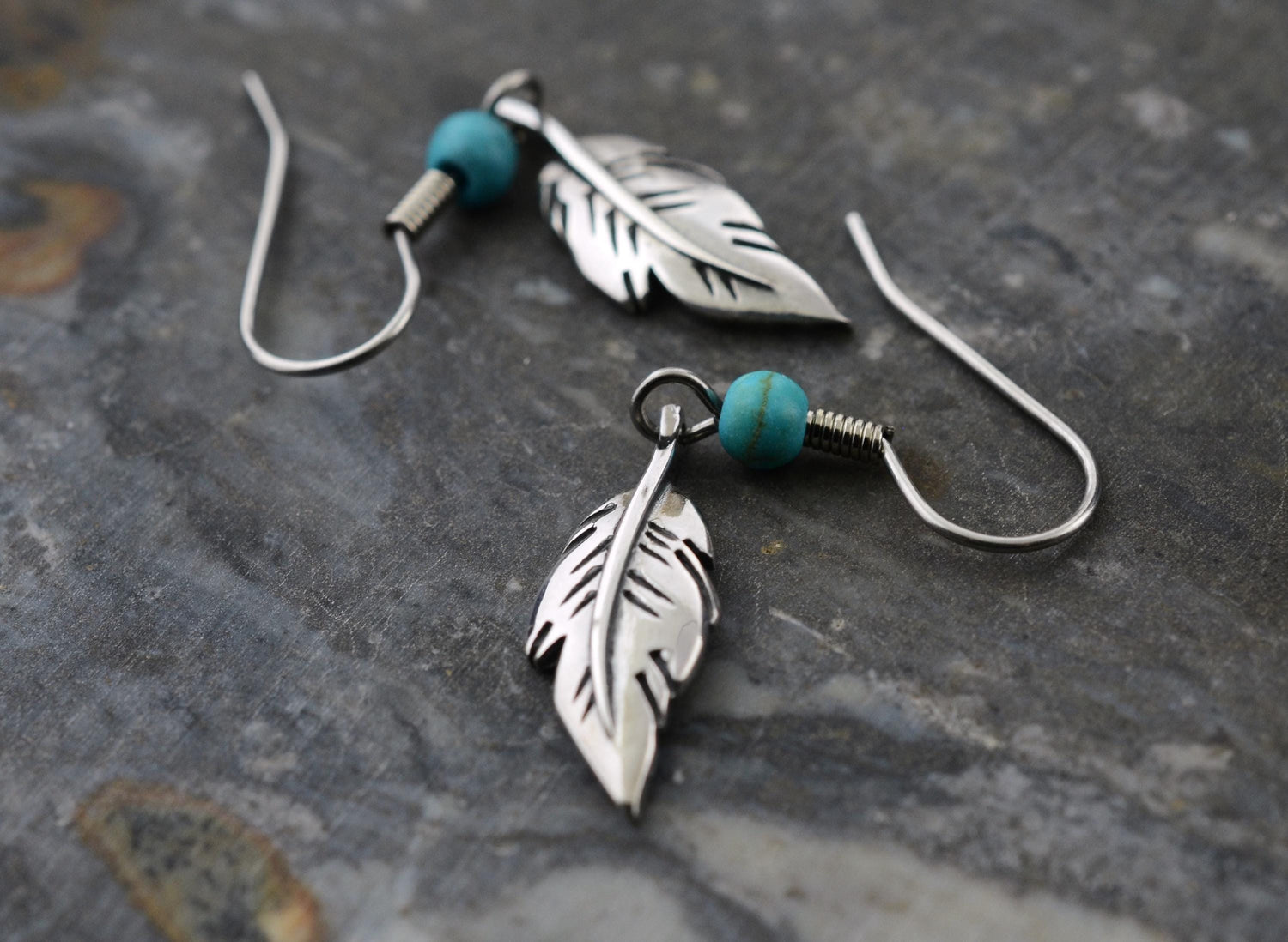 Minimalist Feather Earrings in Sterling Silver with Turquoise Accents – Lakota Legacy Line