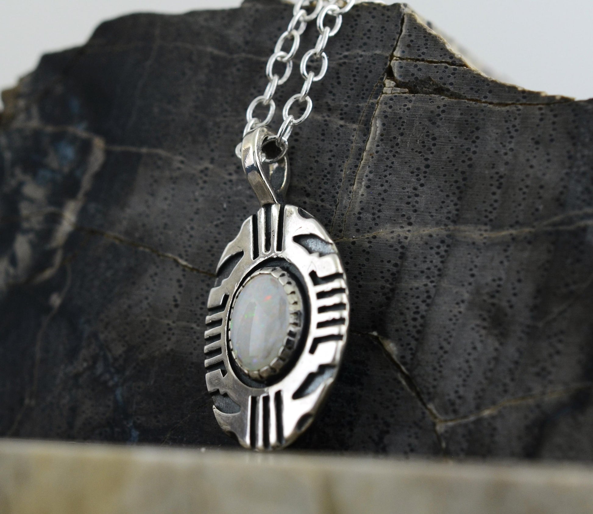 Aztec Inspired Tribal Shield Pendant in Sterling Silver with Opal – Lakota Legacy Line
