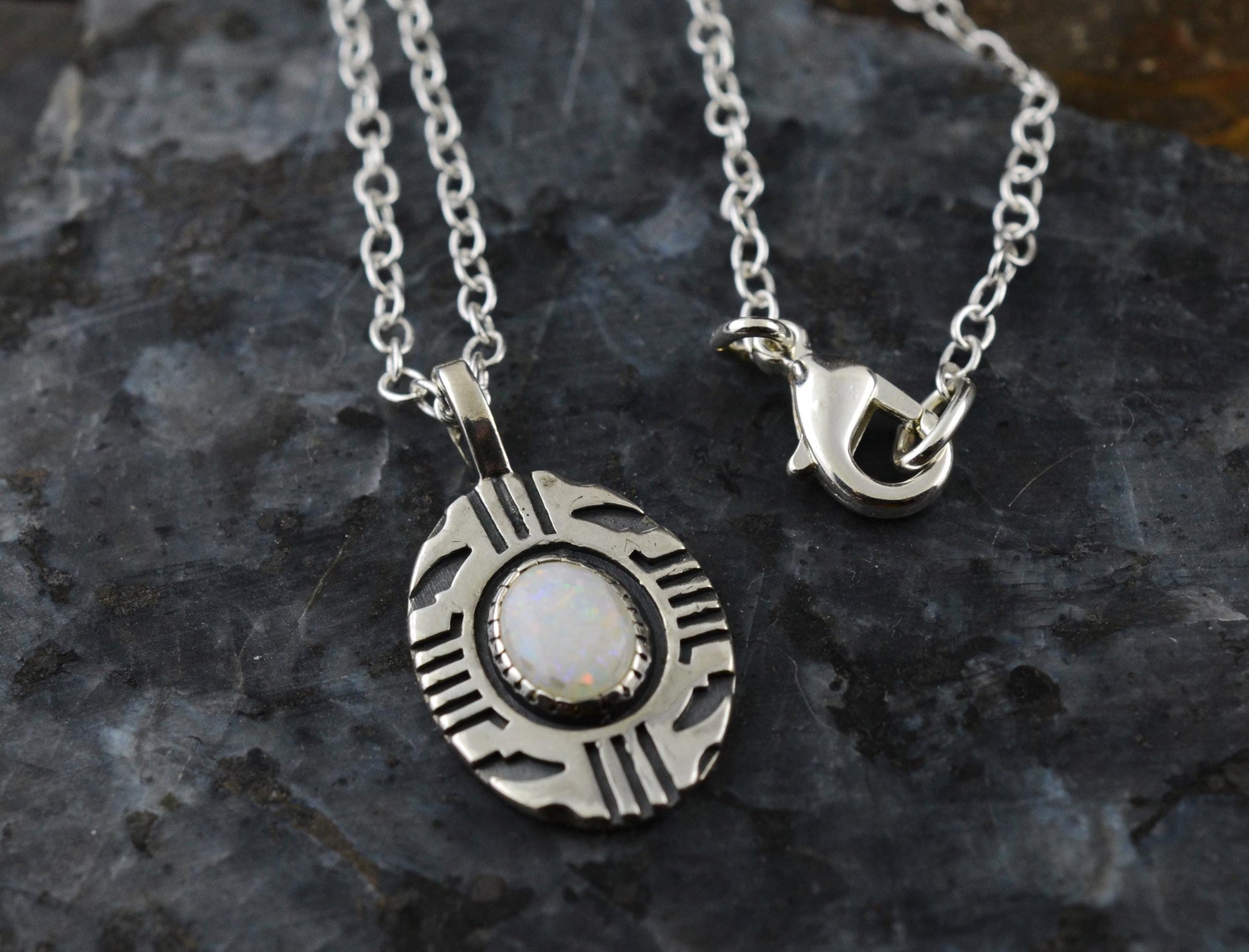 Aztec Inspired Tribal Shield Pendant in Sterling Silver with Opal – Lakota Legacy Line