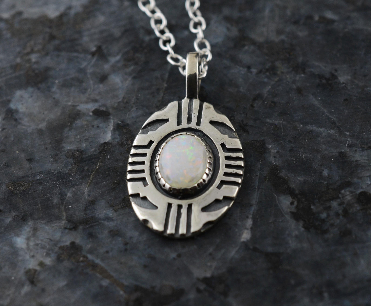 Aztec Inspired Tribal Shield Pendant in Sterling Silver with Opal – Lakota Legacy Line