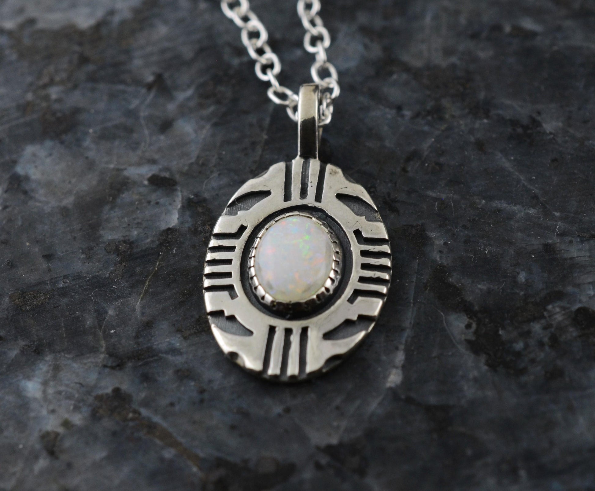 Aztec Inspired Tribal Shield Pendant in Sterling Silver with Opal – Lakota Legacy Line