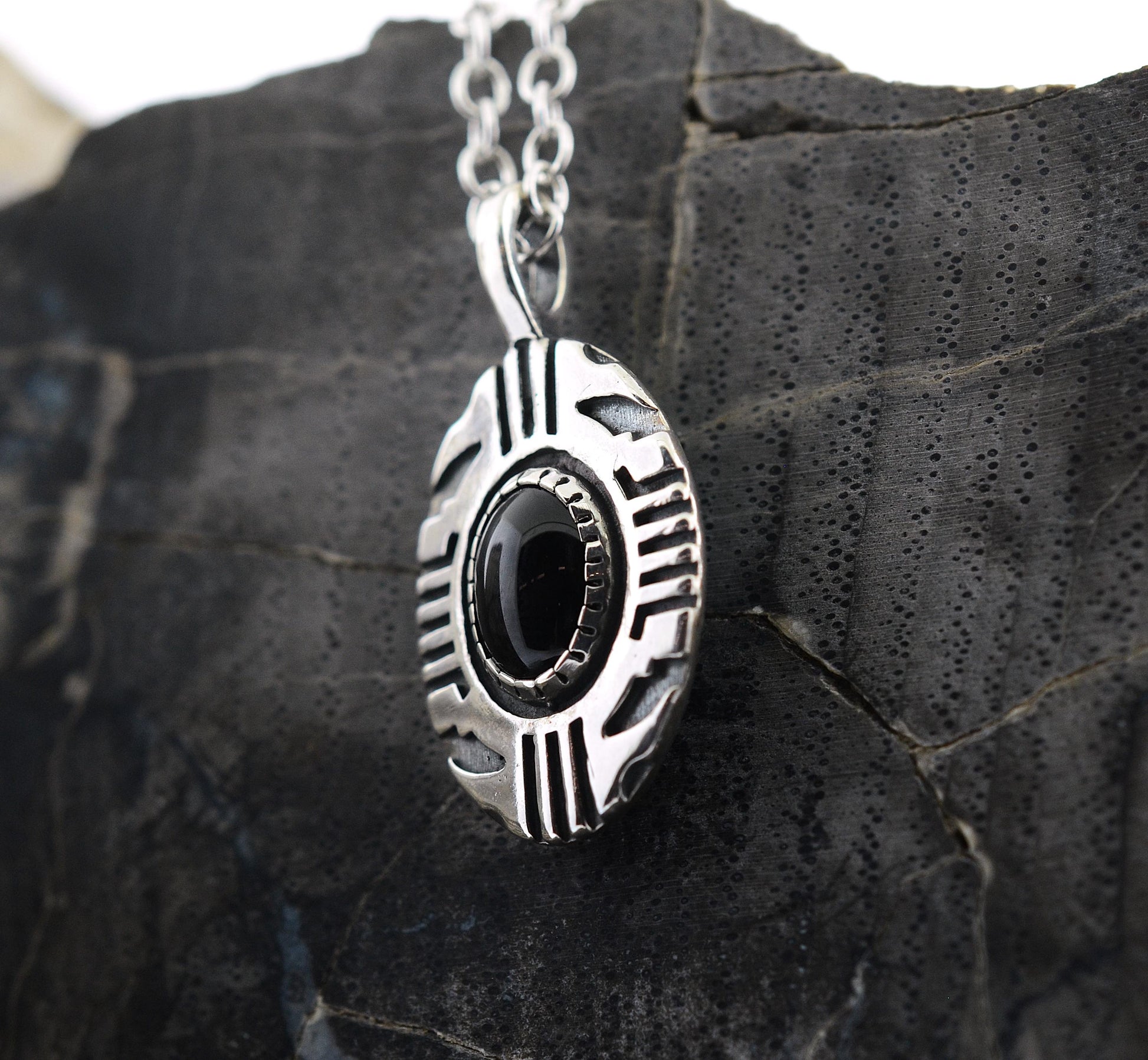 Aztec Inspired Tribal Shield Pendant in Sterling Silver with Black Onyx – Lakota Legacy Line