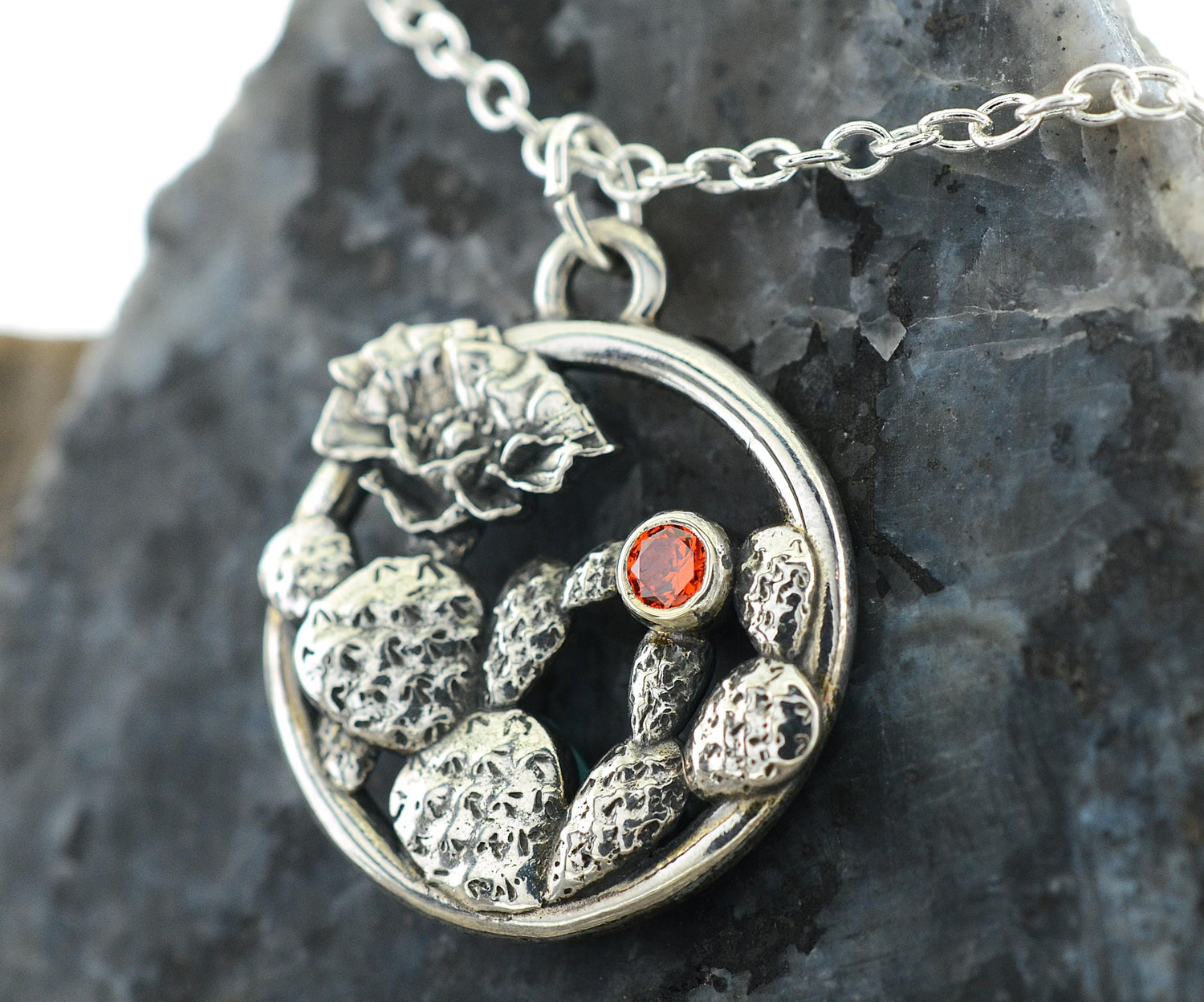 Cactus Pendant in Sterling Silver with Synthetic Padparadscha – The Nature Line