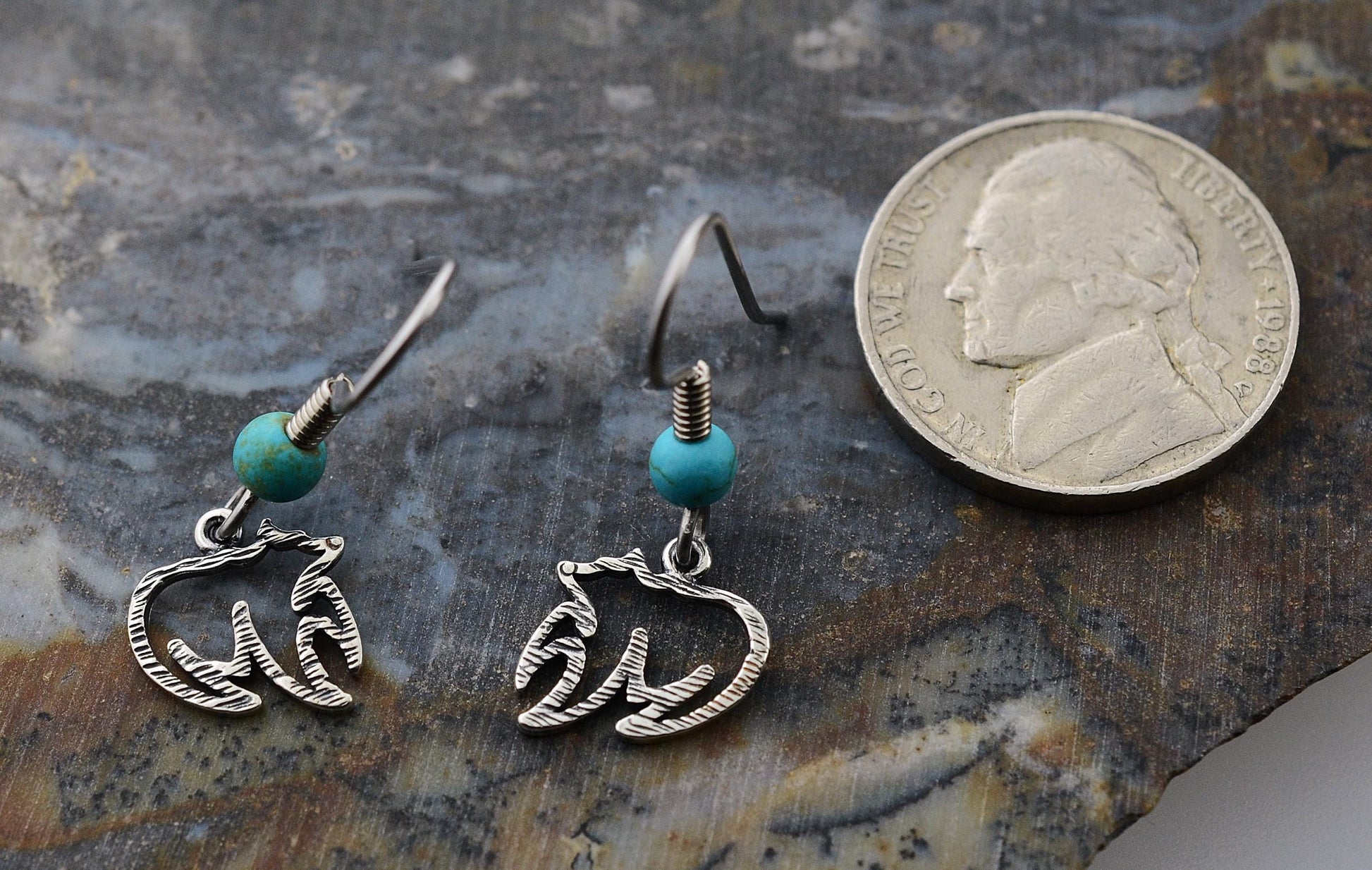 Bear Pendant and Earrings Set in Sterling Silver with Turquoise Beads Accents – Lakota Legacy Line