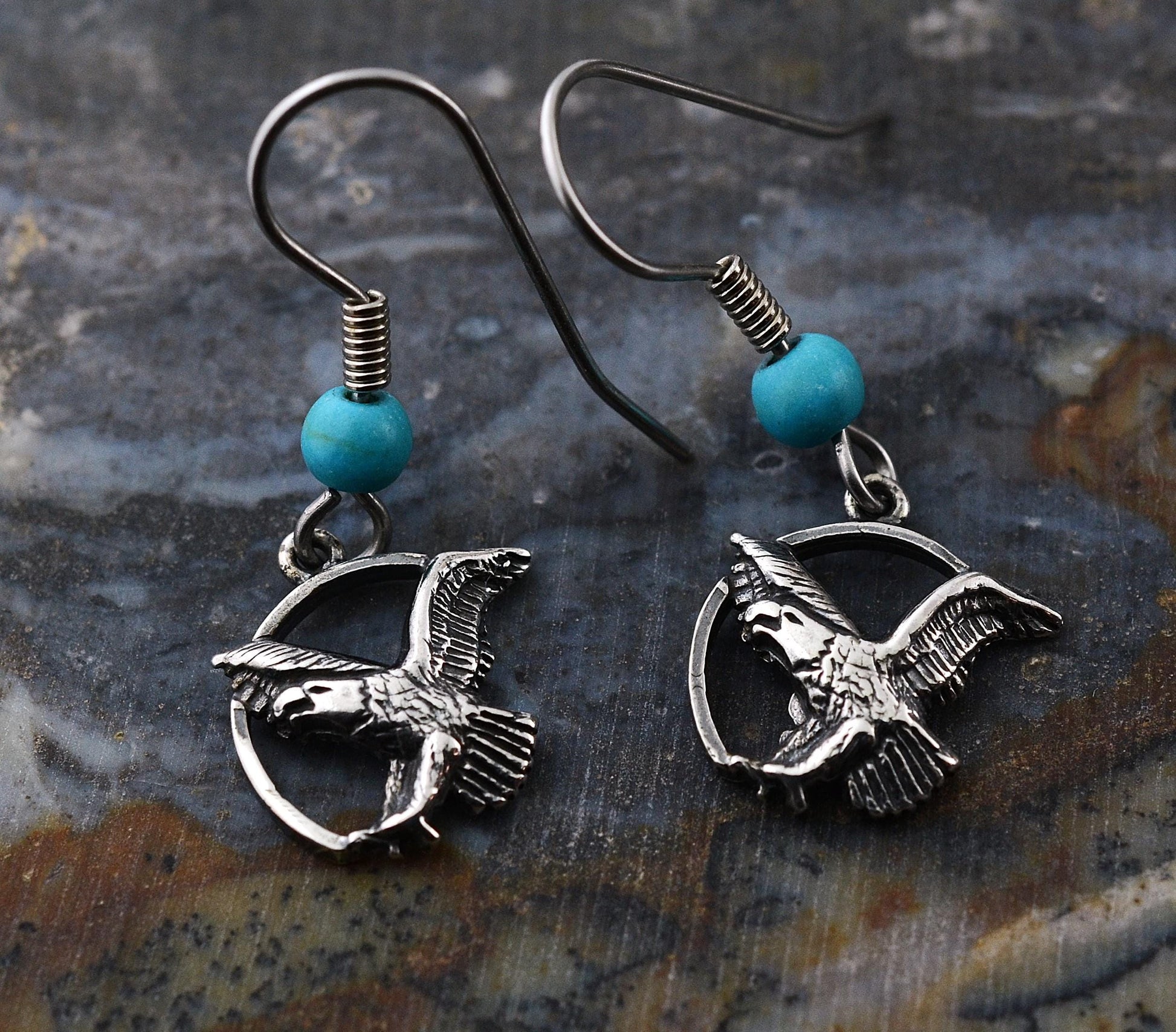 Eagle Earrings in Sterling Silver with Turquoise Beads – Lakota Legacy Line