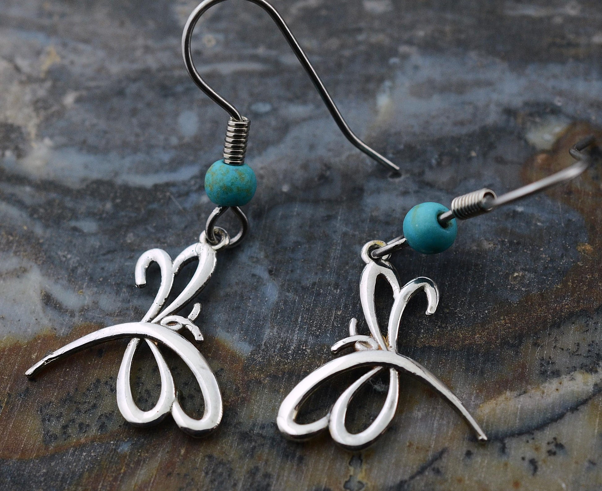 Dragonfly Earrings in Sterling Silver with Turquoise Beads – Lakota Legacy Line