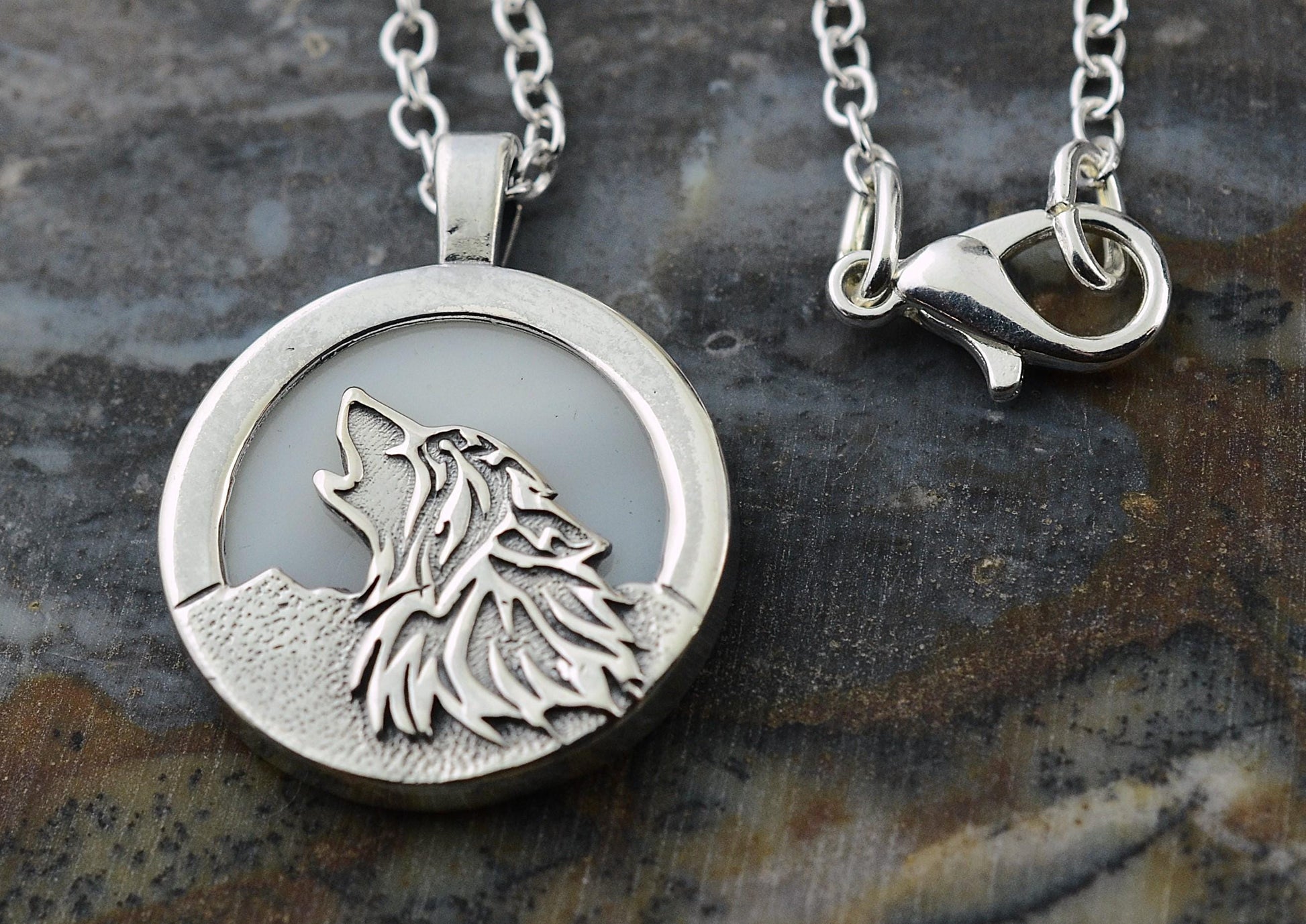 Howling Wolf Pendant in Sterling Silver with Mother of Pearl Moon – Lakota Legacy Line