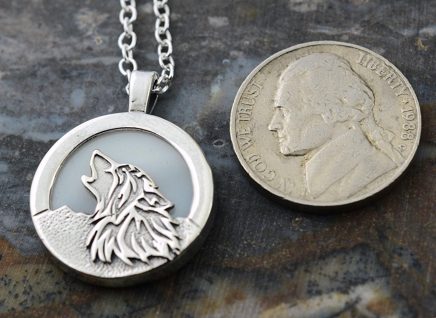 Howling Wolf Pendant in Sterling Silver with Mother of Pearl Moon – Lakota Legacy Line