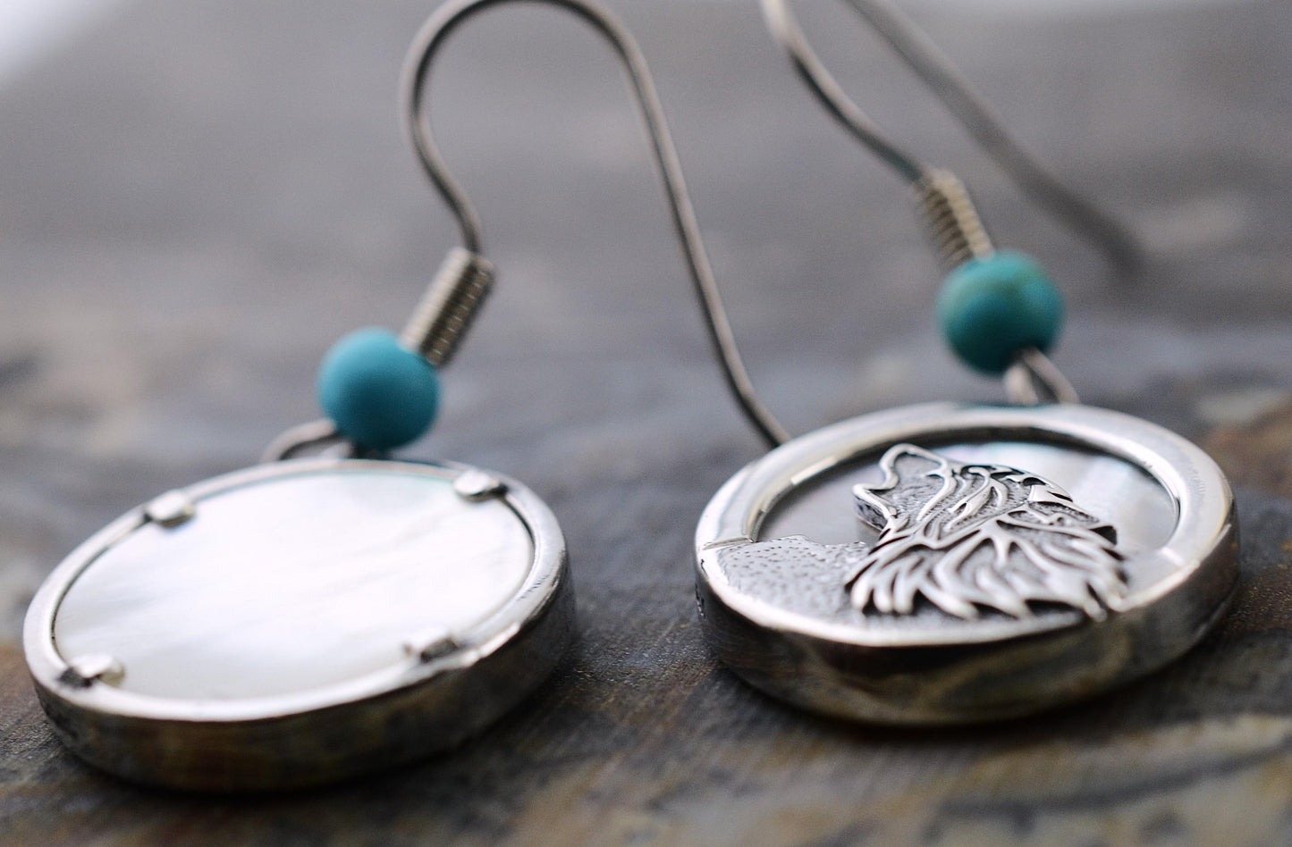 Howling Wolf Earrings in Sterling Silver with Mother of Pearl Moon – Lakota Legacy Line