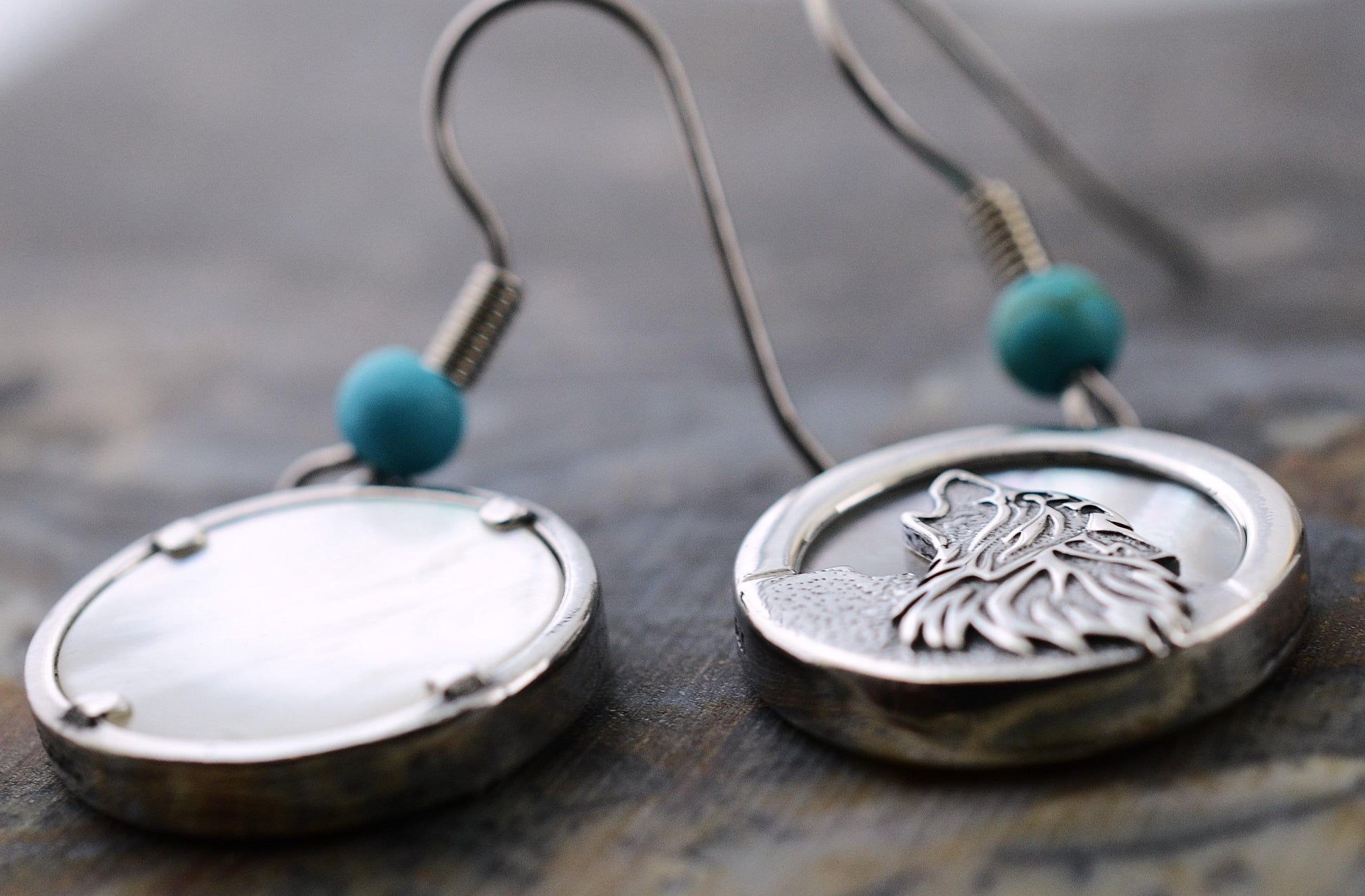 Howling Wolf Earrings in Sterling Silver with Mother of Pearl Moon – Lakota Legacy Line