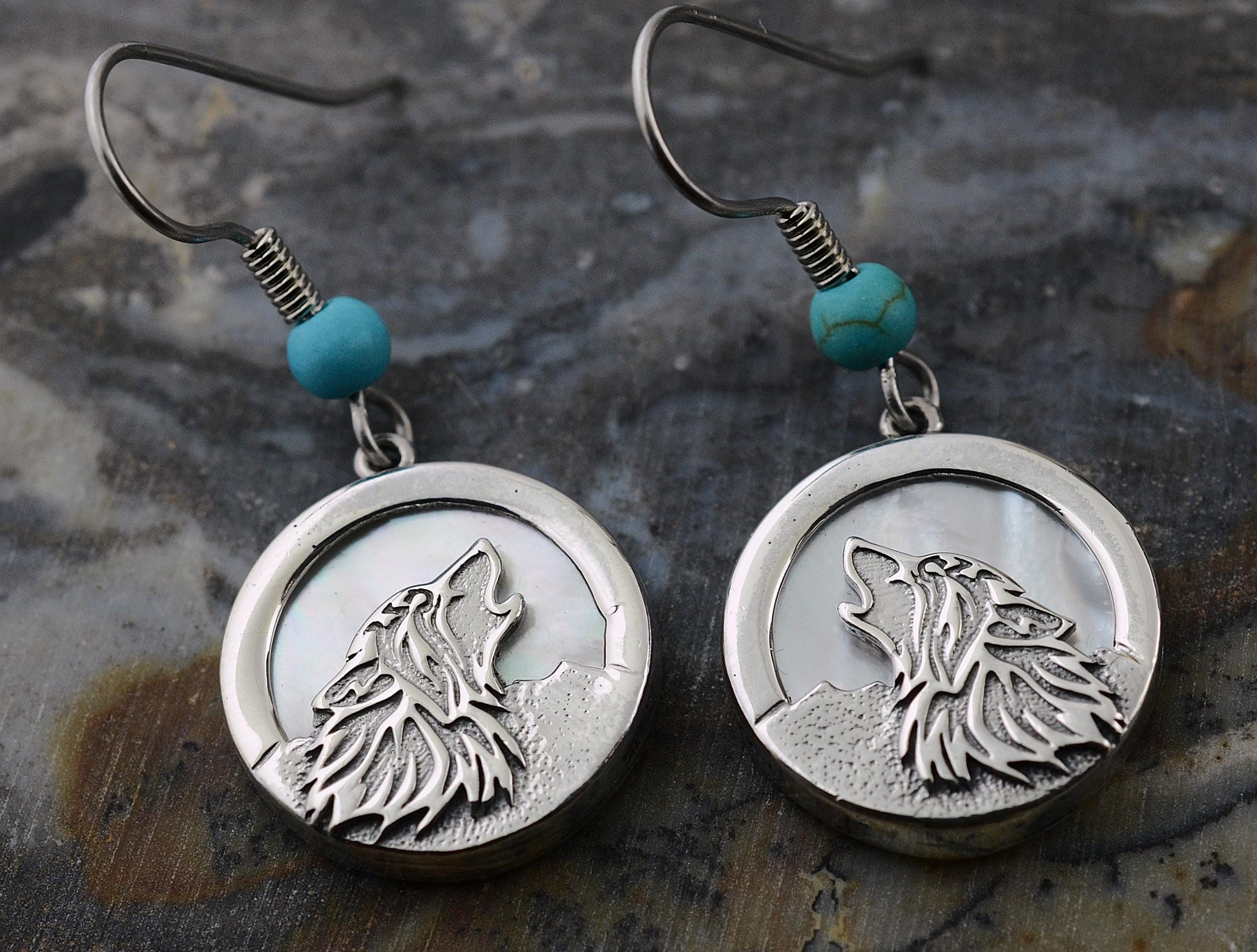 Howling Wolf Earrings in Sterling Silver with Mother of Pearl Moon – Lakota Legacy Line