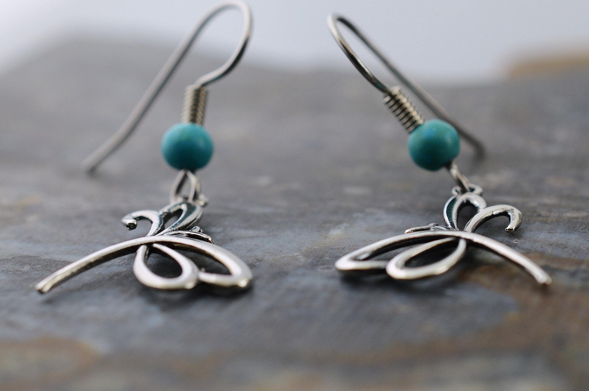 Dragonfly Earrings in Sterling Silver with Turquoise Beads – Lakota Legacy Line